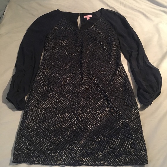 Lilly Pulitzer Navy and Silver Bamboo Lace Dress - Picture 1 of 3